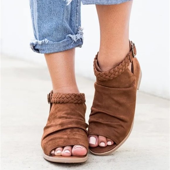 Soda Women Braided Buckle Slouchy Peep Toe Bootie - Cognac - Various Sizes - Picture 1 of 9